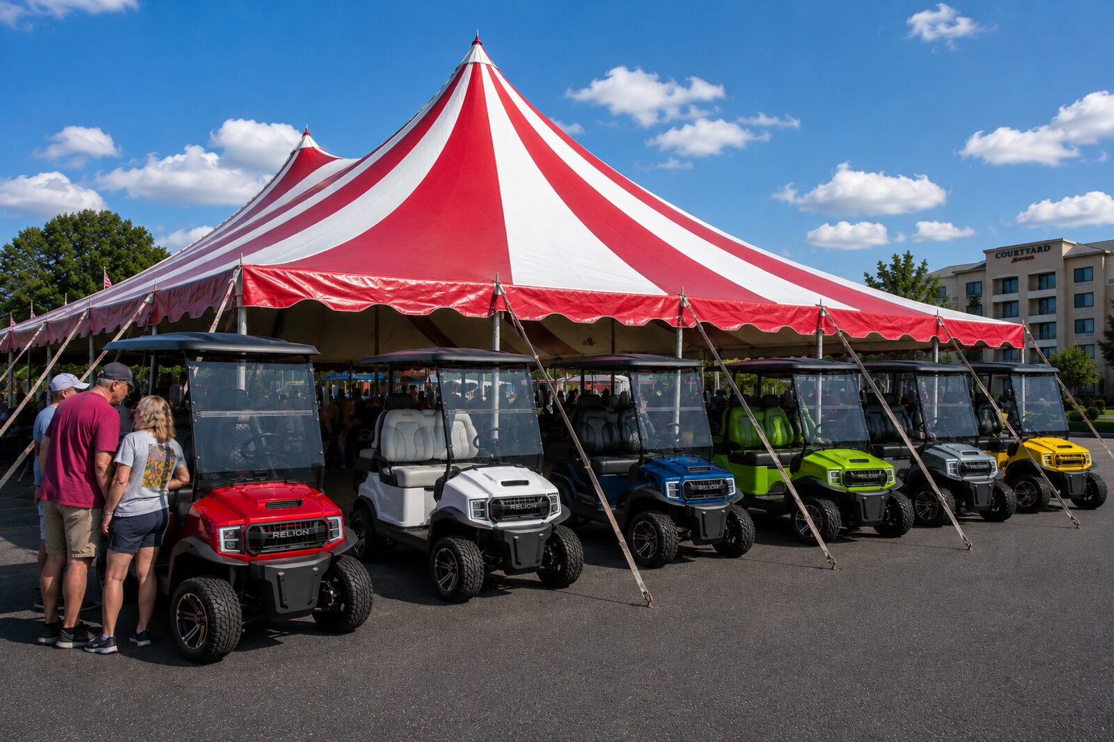 Factory Direct EV tent sale event with lineup of ReLion EV golf carts
